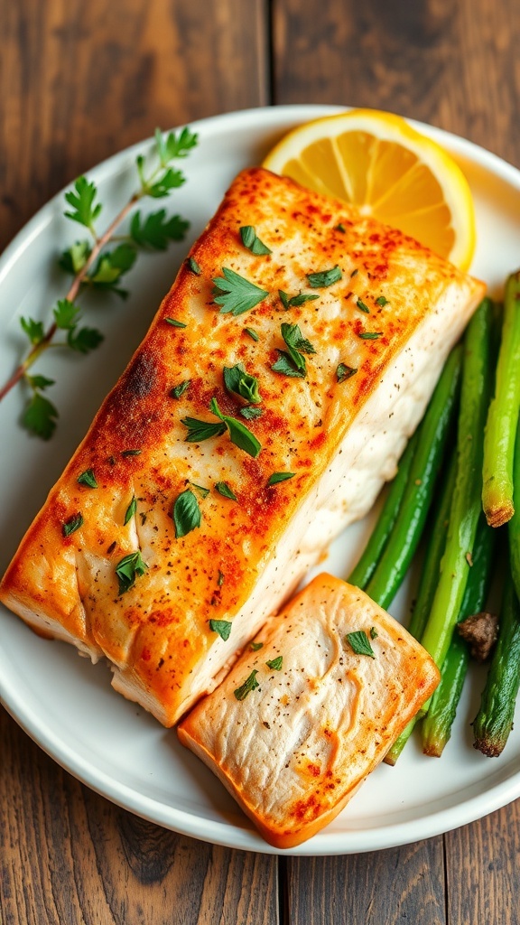 Perfectly Cooked Air Fryer Salmon Recipe Air fryer salmon fillet garnished with herbs and lemon on a white plate with vegetables.